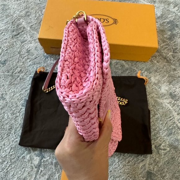AUTHENTIC TODS RAFFIA STRAW CROCHET CLUTCH BAG PURSE LIKE NEW BARBIE PINK COLOR - Picture 10 of 16